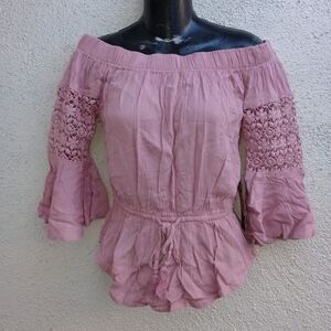Hint of Blush Pink Off-Shoulder Lace Sleeve Top Casual Party Summer Coquette